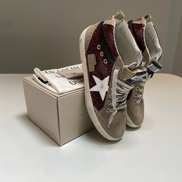 Golden Goose Mid Star Sneaker in Burgundy Glitter/Gray Suede sz 40 New in Box - Picture 7 of 13
